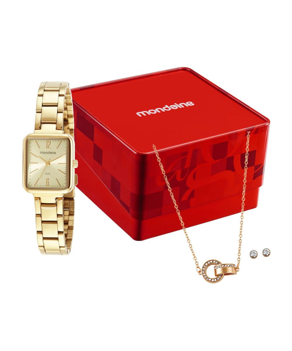 kit relógio feminino mondaine analógico 32377lpmvde1kc dourado