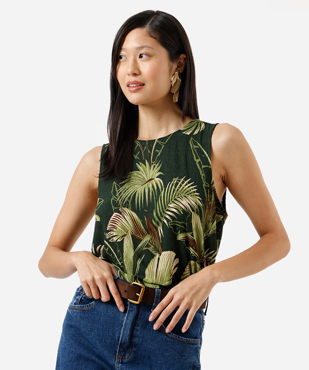 regata feminina folhagens texturizada verde