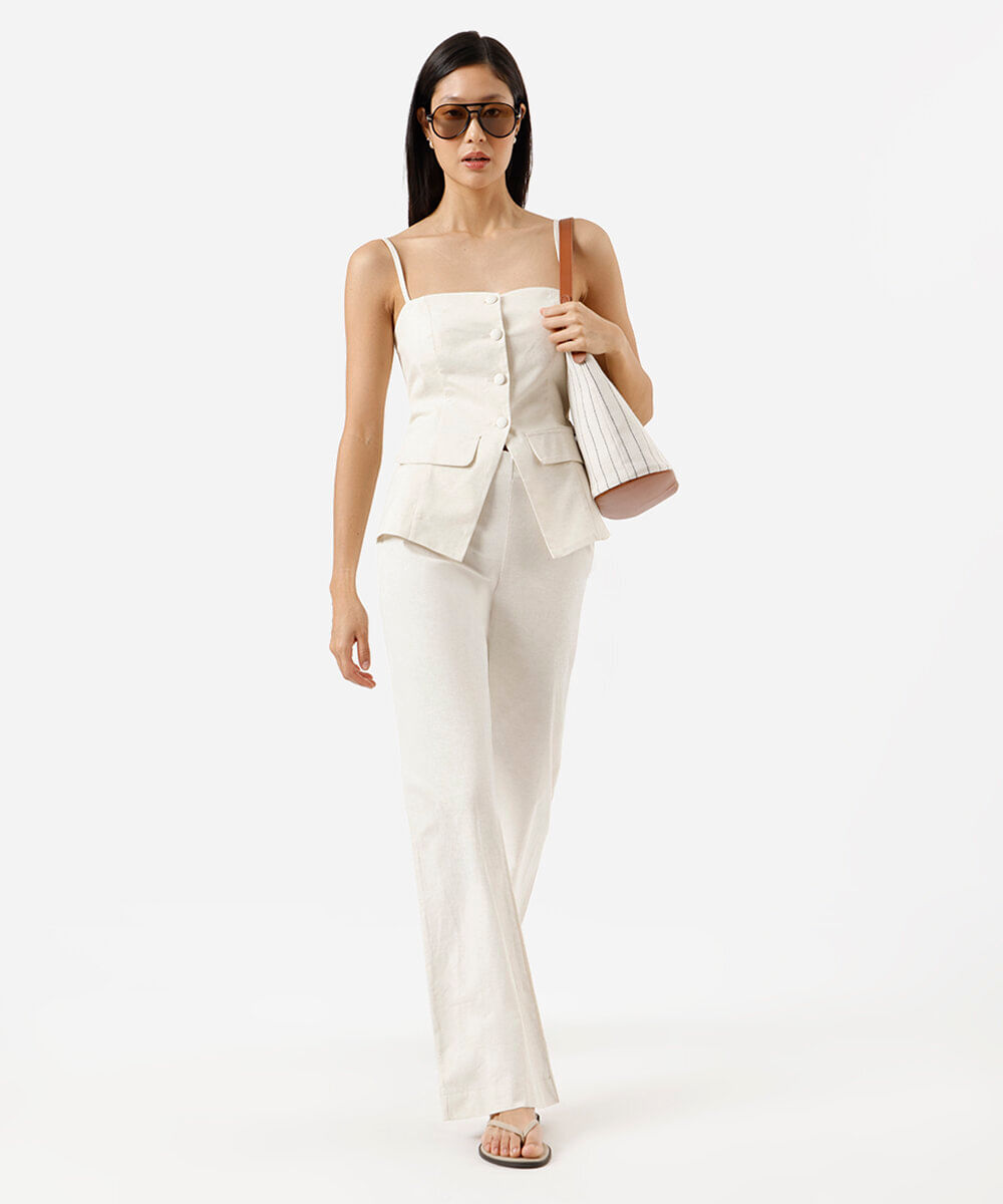 calça flare feminina com linho bege