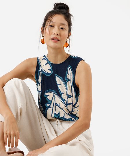 regata feminina folhagens plissada azul PP regata feminina folhagens plissada azul PP