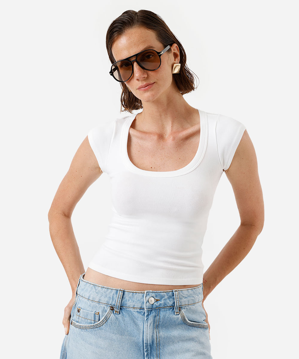 blusa baby look feminina de algodão canelada básica off white