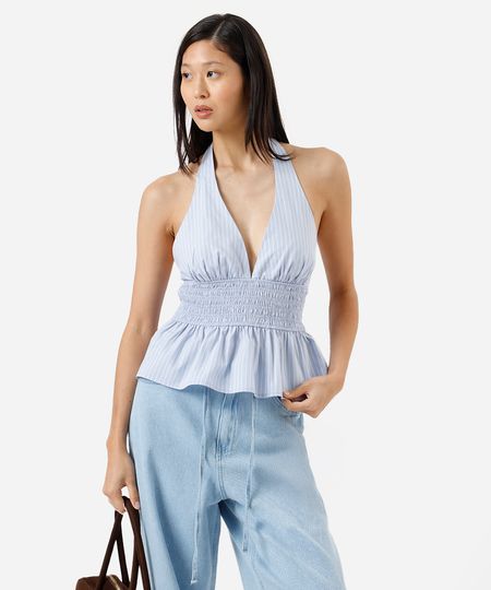 blusa peplum feminina de algodão frente única listrada azul PP