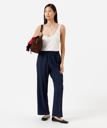 calça reta feminina cós com elástico texturizada azul GG calça reta feminina cós com elástico texturizada azul GG