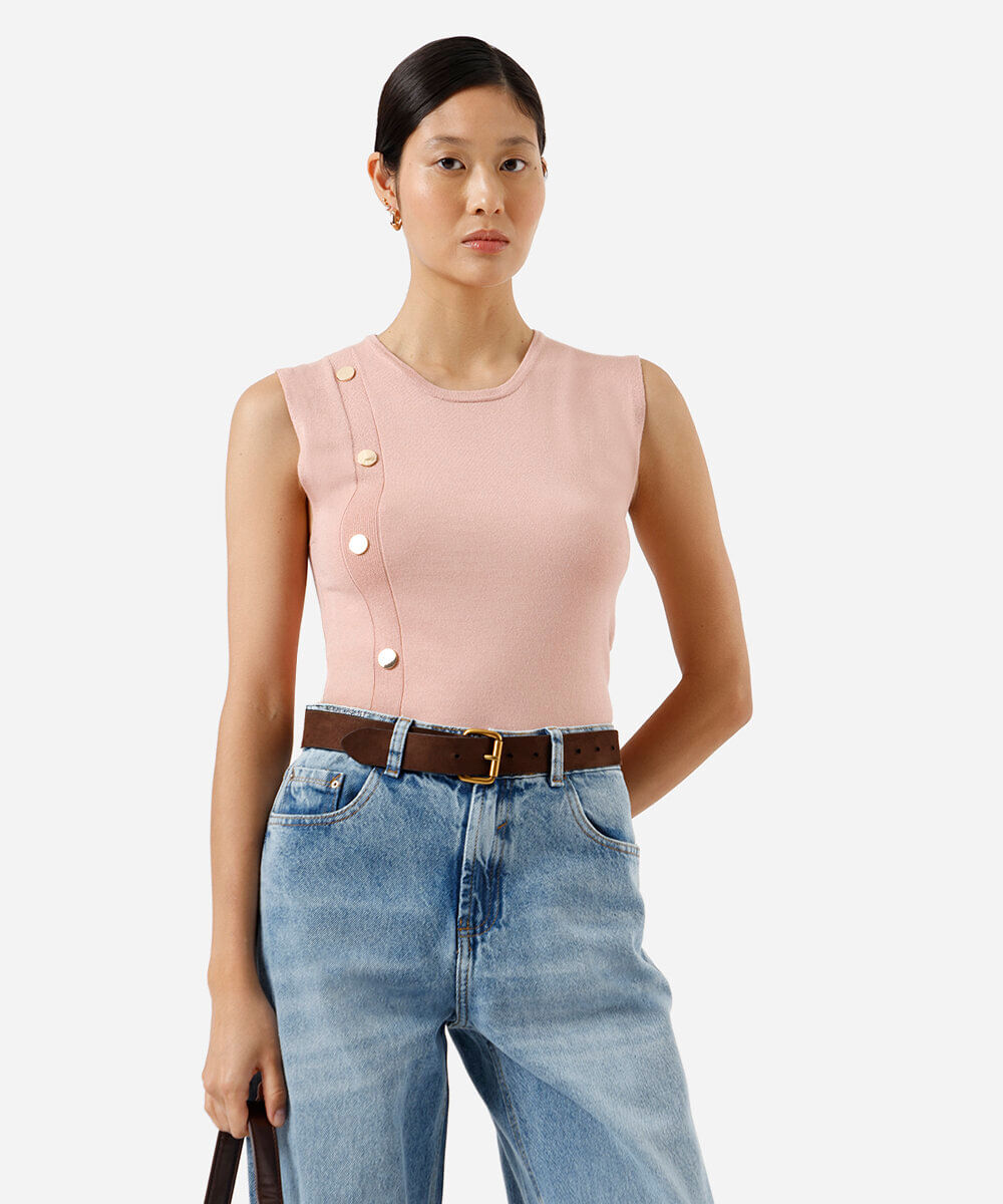 regata feminina de tricot com botões rosa