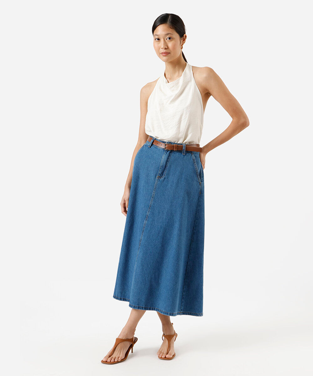 Vista 2 saia longa feminina jeans com cinto azul C&A Jeans Medio C&A Jeans Medio