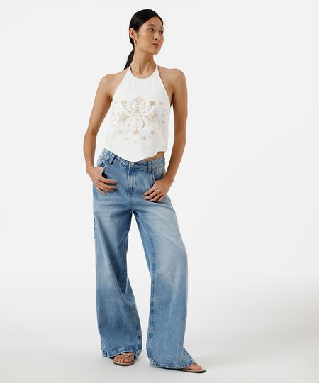 calça wide leg feminina jeans cintura baixa azul 34 calça wide leg feminina jeans cintura baixa azul 34