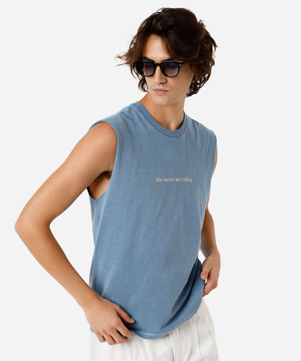 regata machão masculina de algodão floral azul