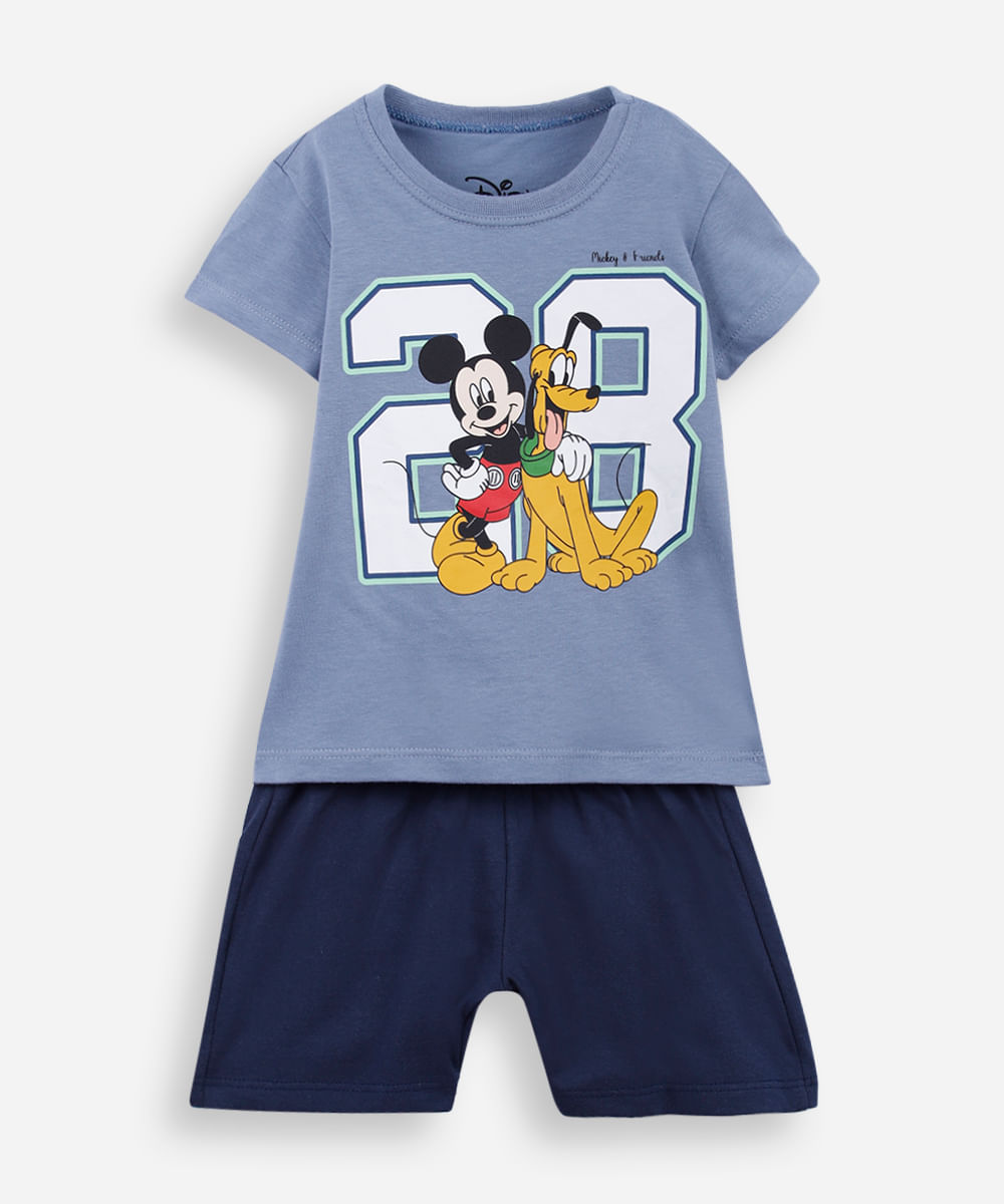 conjunto curto infantil de algodão mickey e pluto azul