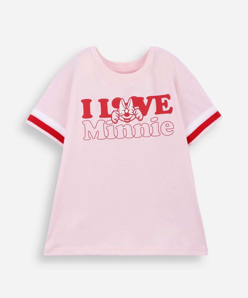 camiseta infantil de algodão minnie com listras rosa