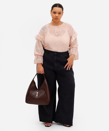 calça super wide leg jeans feminina plus size preta 50