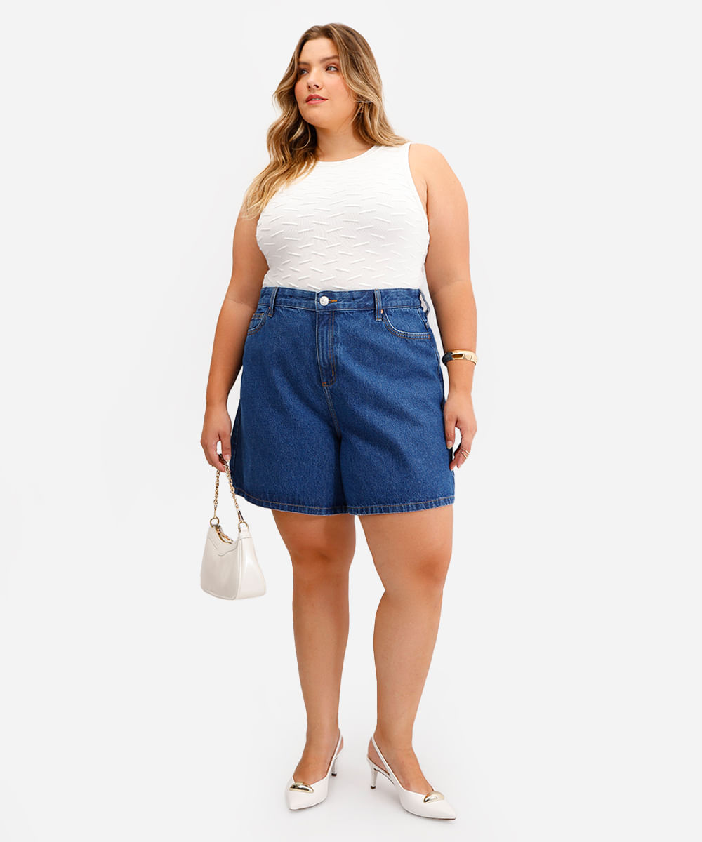 bermuda mom feminina jeans plus size azul