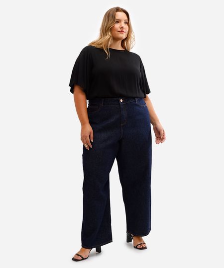 calça wide leg feminina jeans plus size azul 46