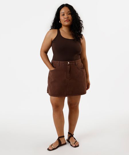 short saia feminino de sarja com fenda plus size marrom 50