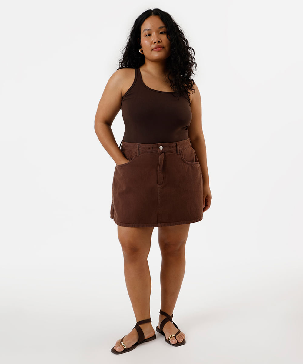 short saia feminino de sarja com fenda plus size marrom