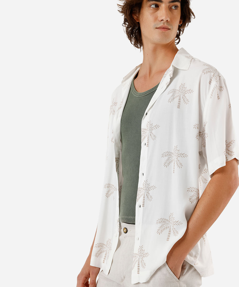 camisa masculina de viscose folhagens off white