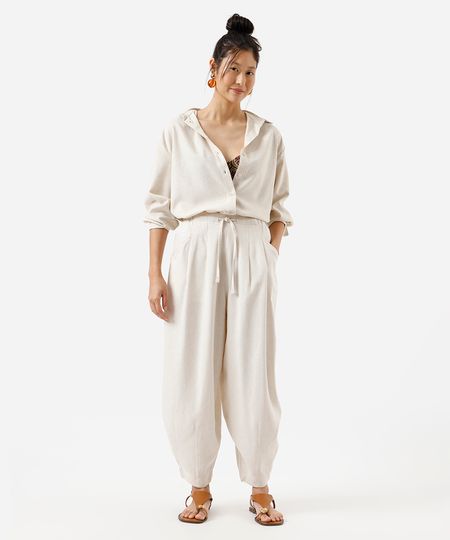 calça balloon feminina com linho e pregas cós elástico bege P