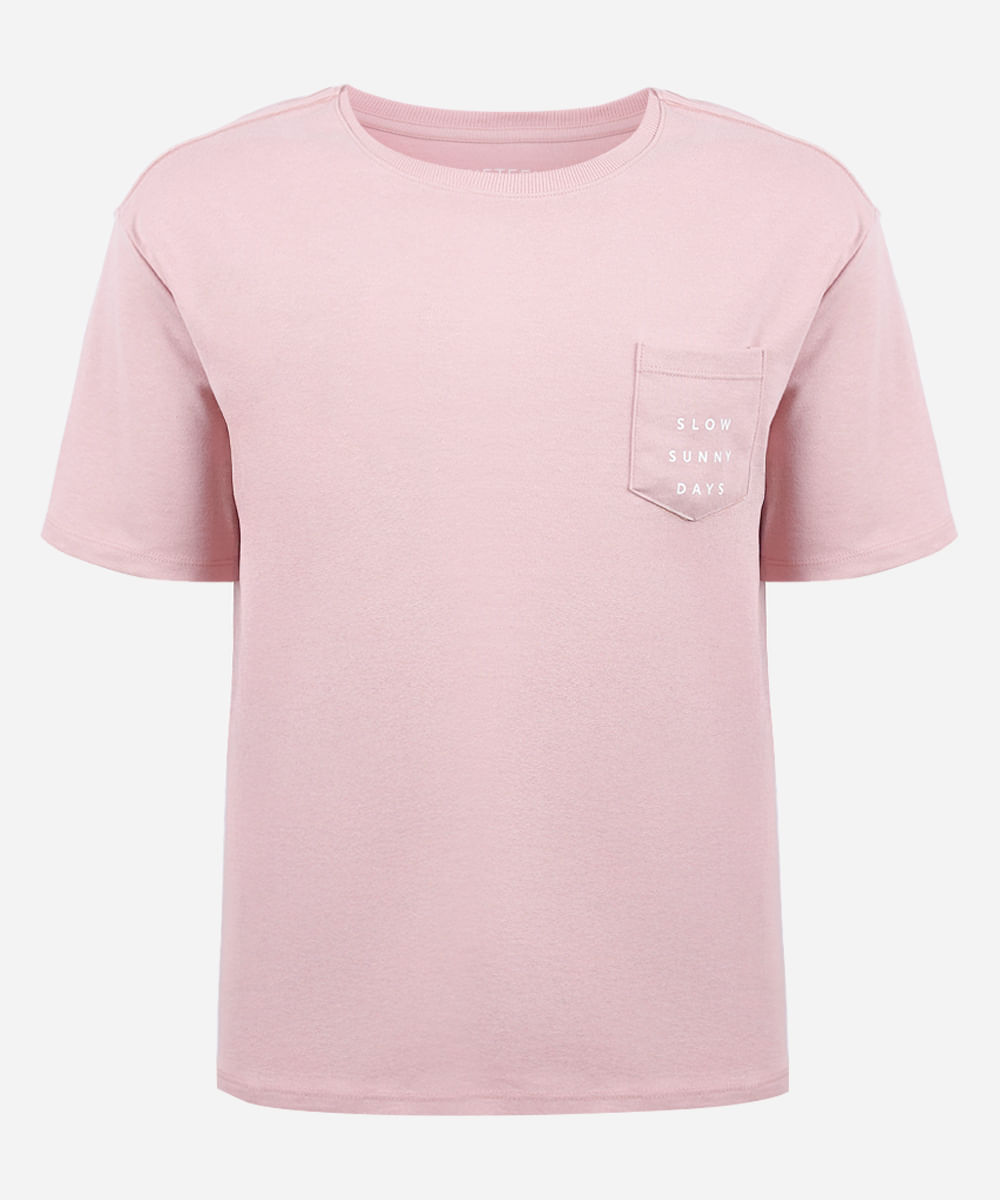 camiseta juvenil com algodão e bolso estampado rosa