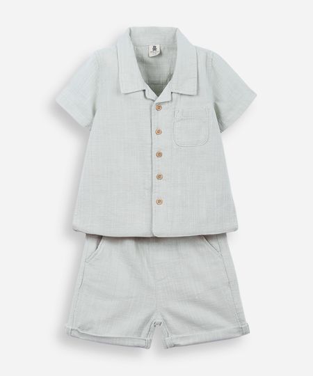 conjunto curto infantil de algodão texturizado - verde claro 3-6
