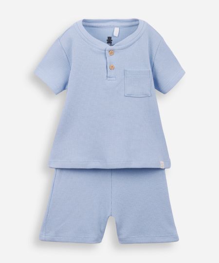 conjunto curto infantil de algodão texturizado azul 0-3 conjunto curto infantil de algodão texturizado azul 0-3