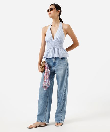 calça oversized feminina jeans cintura baixa azul 34