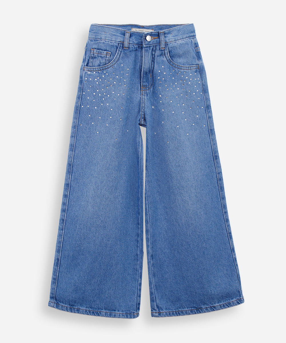 calça wide leg infantil jeans com brilho azul