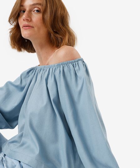 blusa feminina ombro a ombro com linho azul P