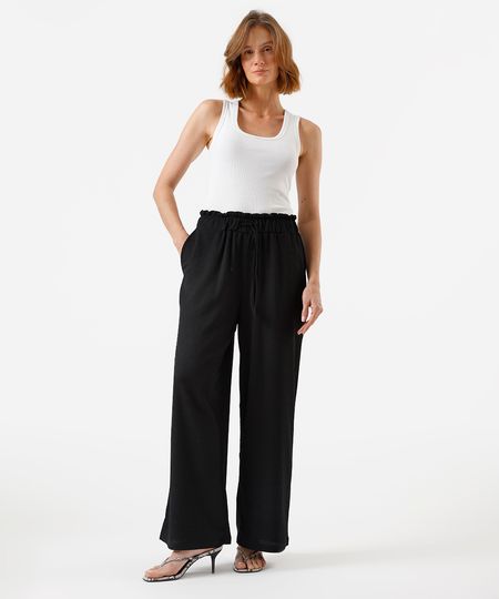calça wide leg feminina cós elástico texturizada básica preto P