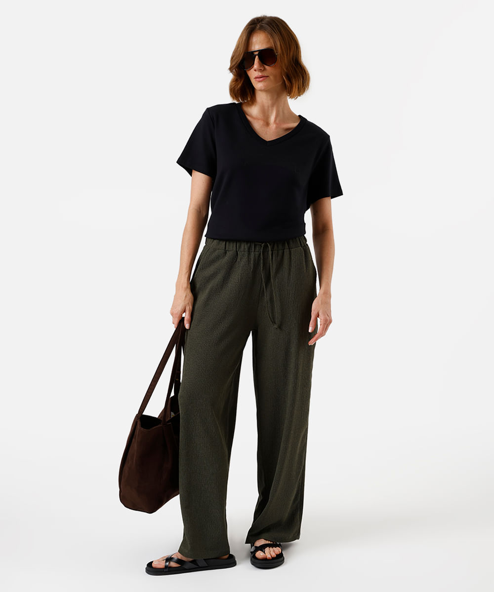 calça wide leg feminina cós elástico texturizada básica verde