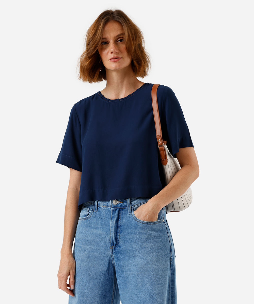 blusa feminina de viscose manga curta azul