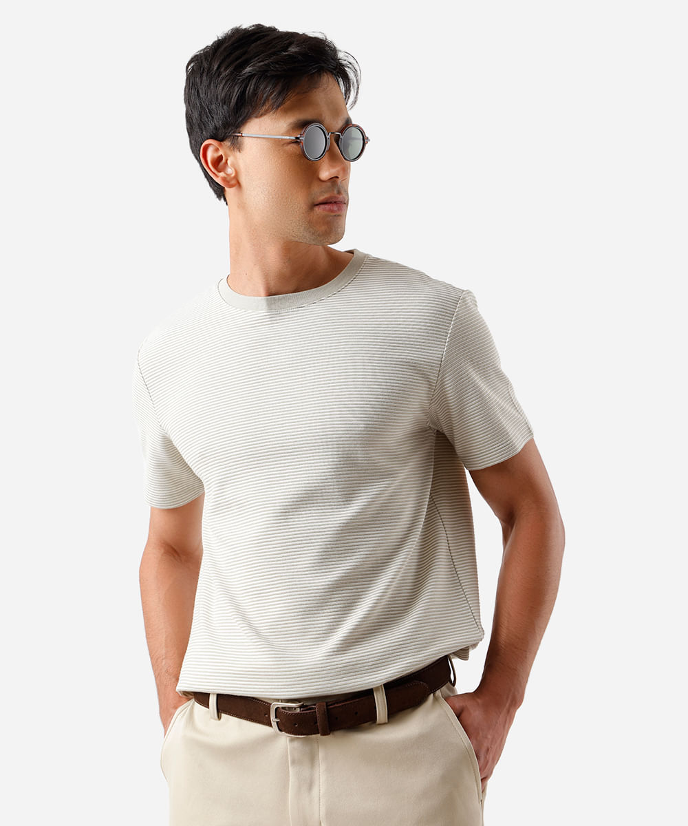camiseta masculina com algodão manga curta listrada bege