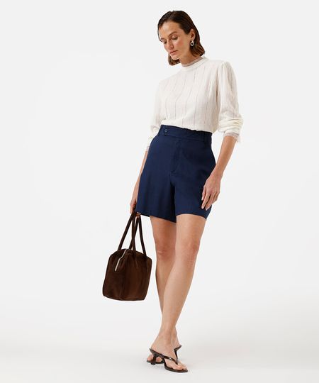bermuda feminina de alfaiataria com linho azul 36