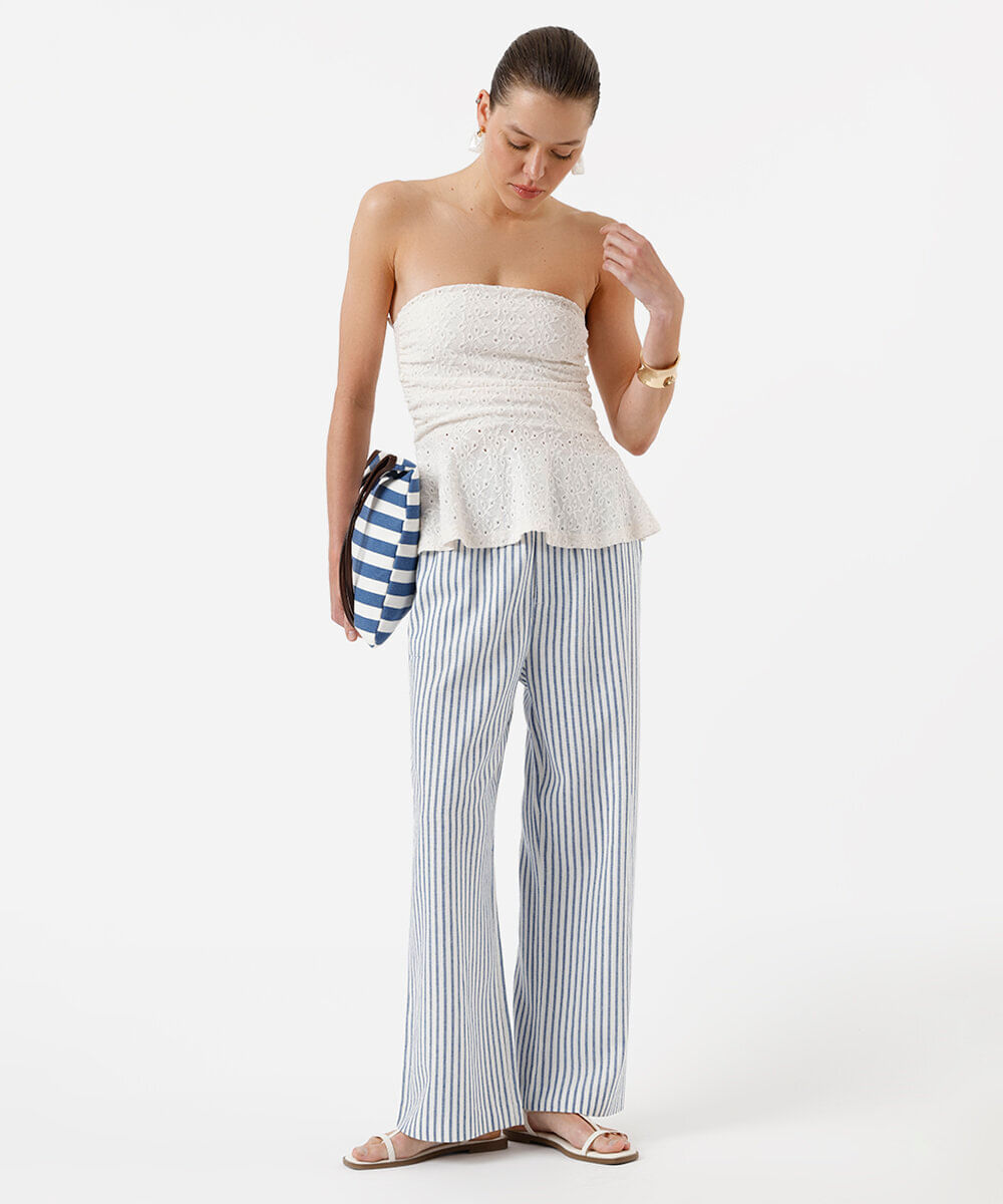 calça reta feminina com linho listrada azul