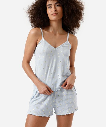 pijama short doll feminino alça fina canelado limões azul G