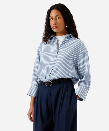 camisa feminina com linho listrada azul P camisa feminina com linho listrada azul P