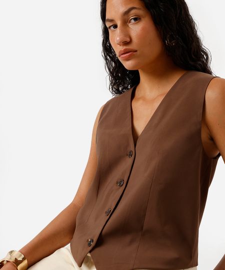 colete de alfaiataria feminino com viscose  marrom P colete de alfaiataria feminino com viscose  marrom P