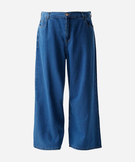 calça wide leg feminina jeans cós elástico plus size azul 50 calça wide leg feminina jeans cós elástico plus size azul 50