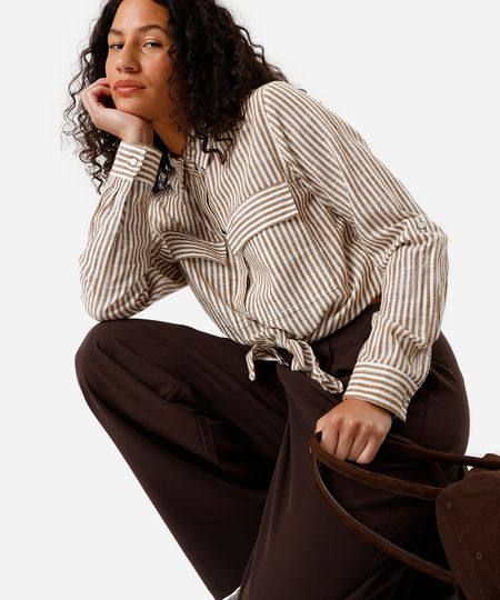 camisa feminina manga longa amarração listrada marrom GG