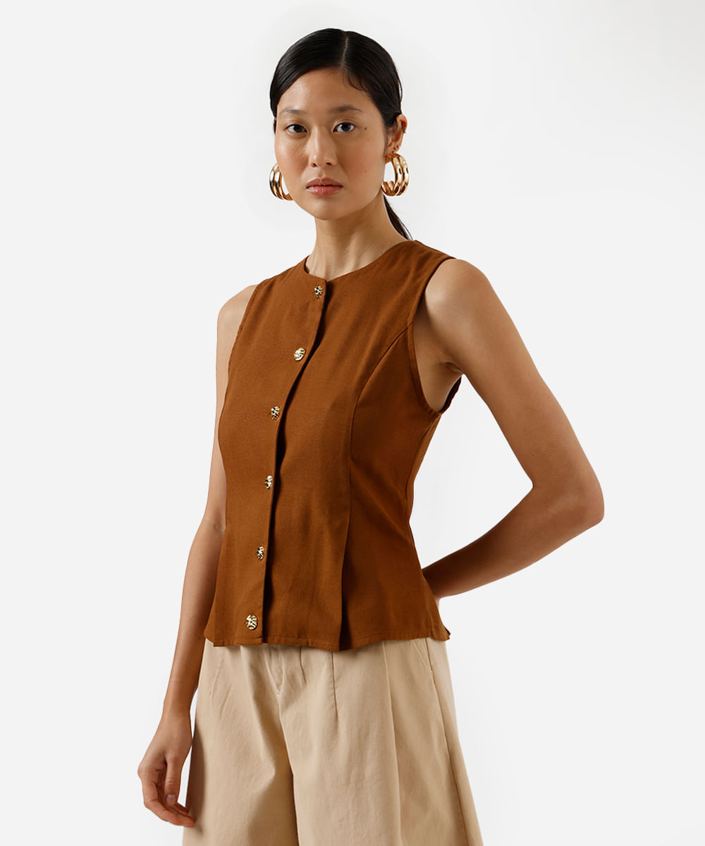 colete peplum feminino com linho marrom
