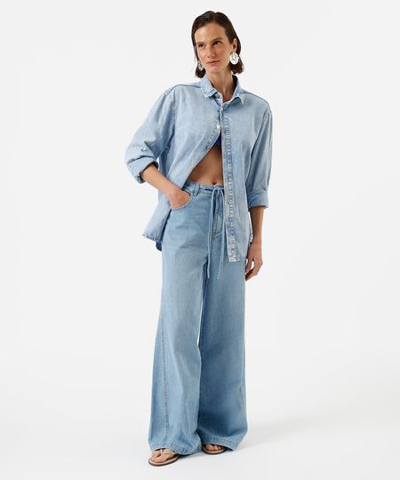 calça wide leg feminina jeans cintura média com cordão azul 40 calça wide leg feminina jeans cintura média com cordão azul 40