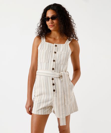 macaquinho feminino de sarja listrado bege P macaquinho feminino de sarja listrado bege P