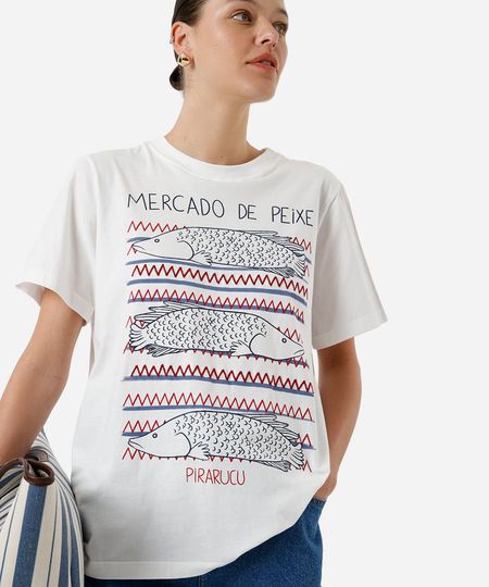 camiseta feminina de algodão peixes off white PP camiseta feminina de algodão peixes off white PP