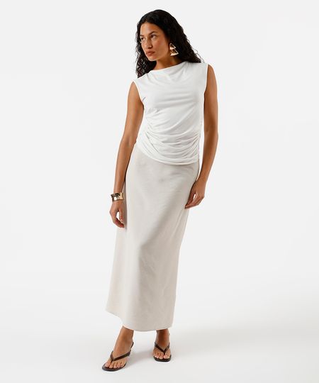 saia midi feminina com franzido e fenda bege 44 saia midi feminina com franzido e fenda bege 44