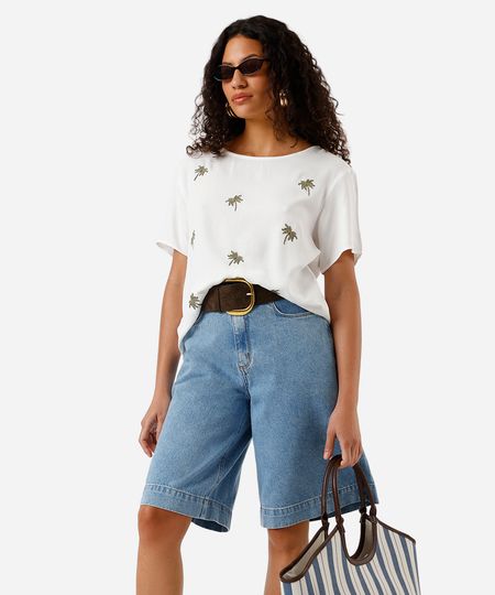 blusa feminina de viscose com bordado folhagens off white PP blusa feminina de viscose com bordado folhagens off white PP