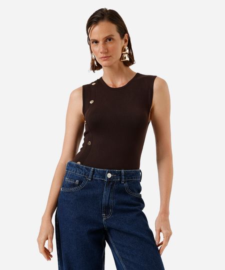 regata feminina de tricot com botões marrom PP