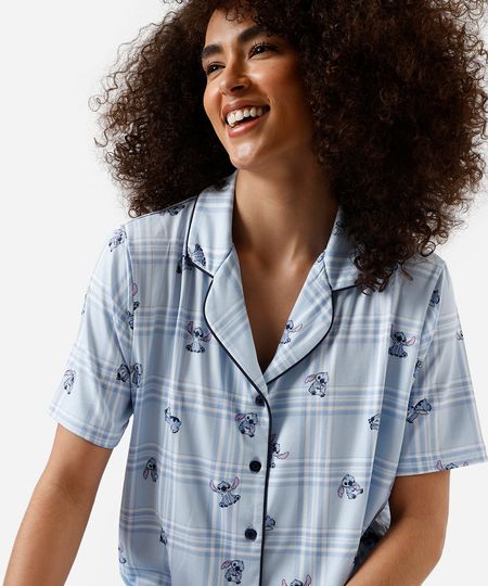 pijama curto americano feminino stitch xadrez azul PP