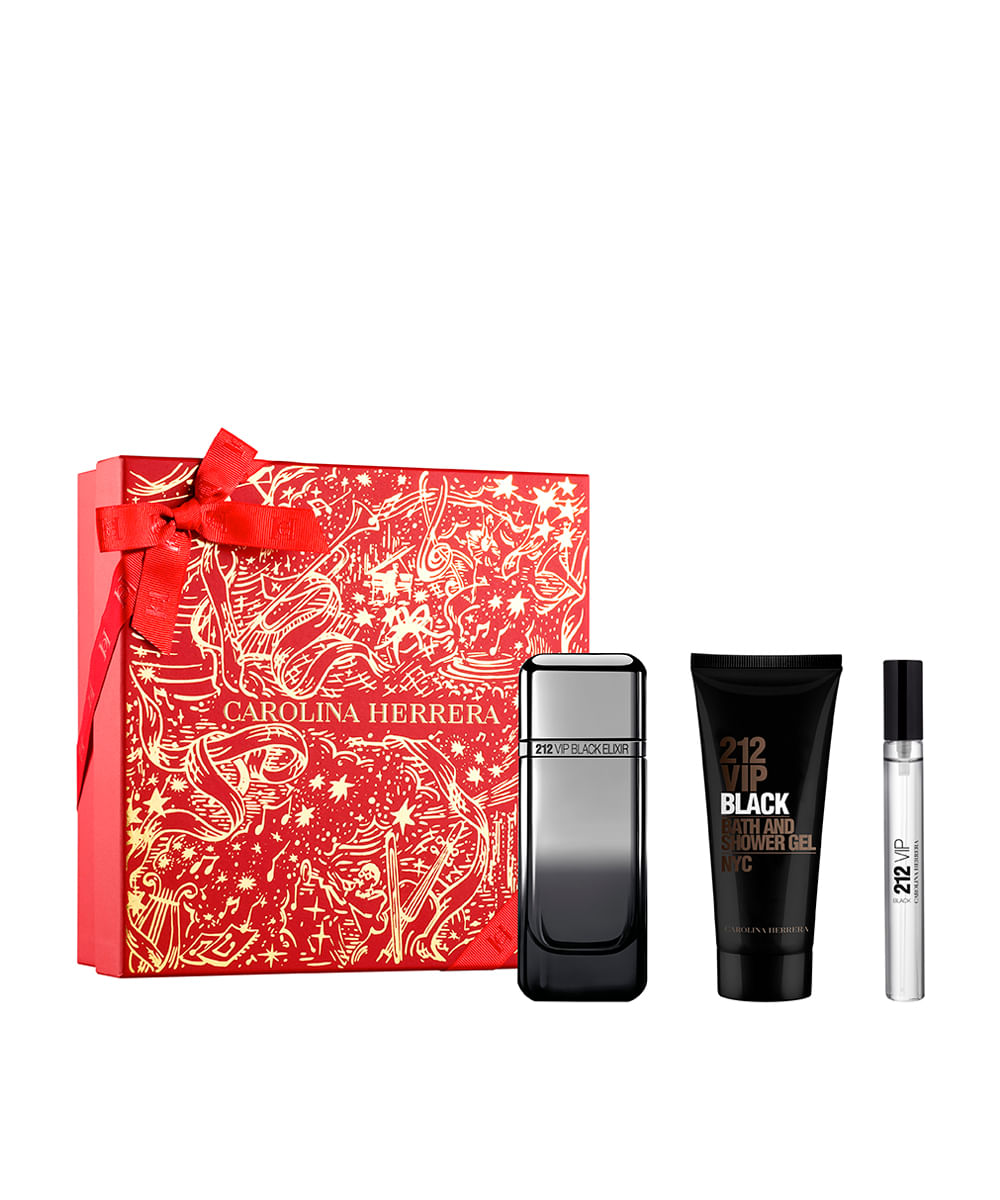 kit perfume masculino carolina herrera 212 vip black elixir eau de parfum elixir 100ml gel de banho 100ml e elixir eau de parfum elixir 10ml