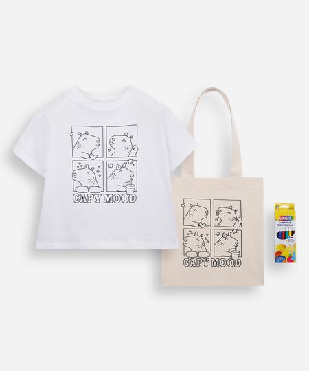 camiseta infantil de algodão capivara com bolsa e canetinhas laváveis off white 10 camiseta infantil de algodão capivara com bolsa e canetinhas laváveis off white 10