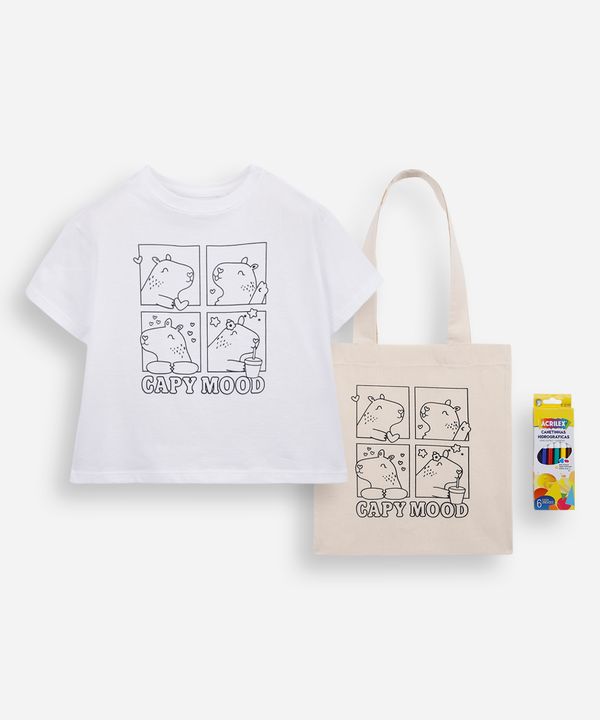 camiseta infantil de algodão capivara com bolsa e canetinhas laváveis off white 6