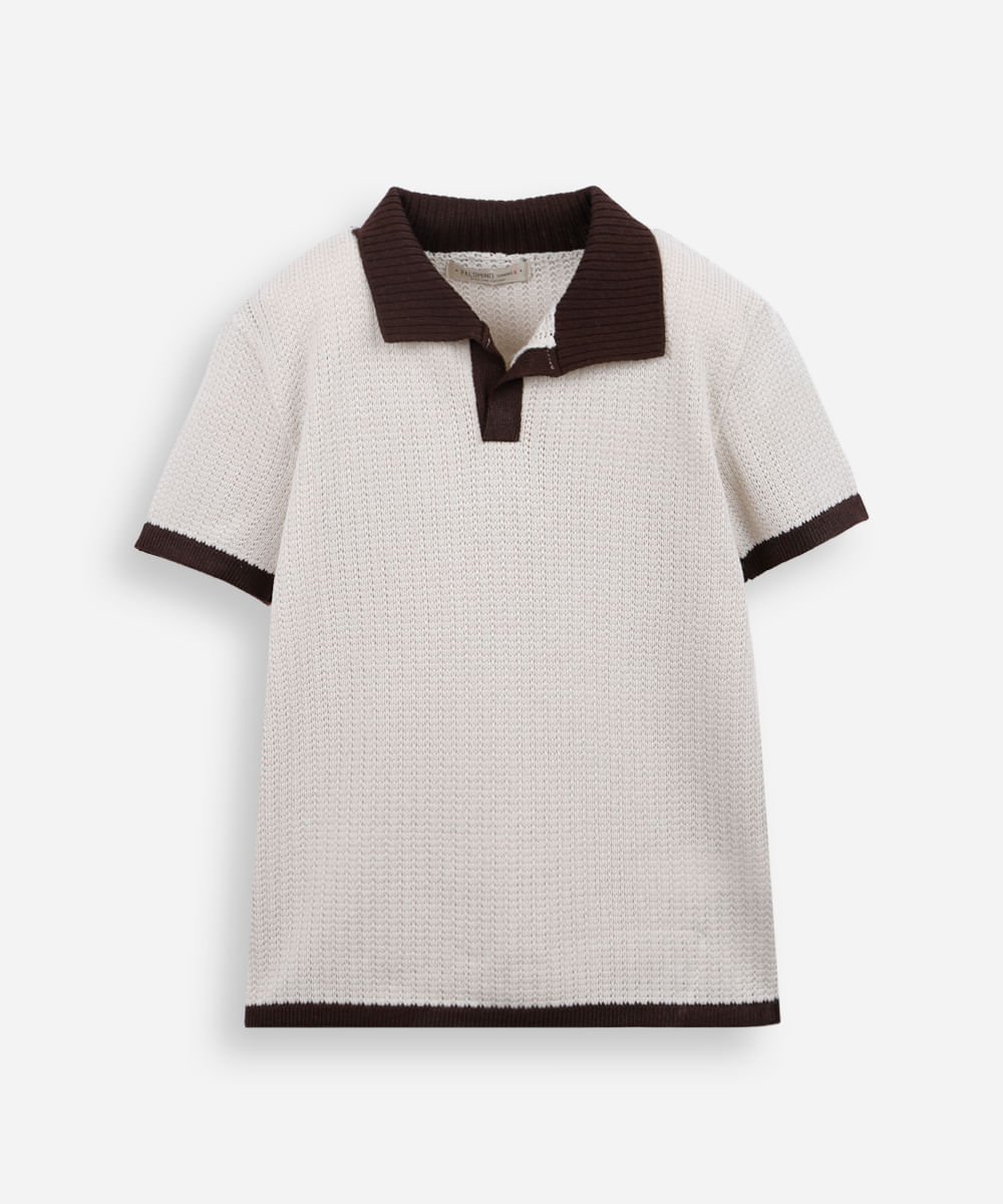 polo infantil de tricot manga curta bege