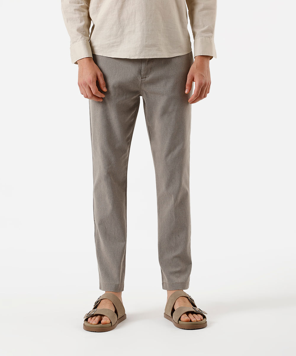 calça reta masculina de sarja cós elástico texturizada bege